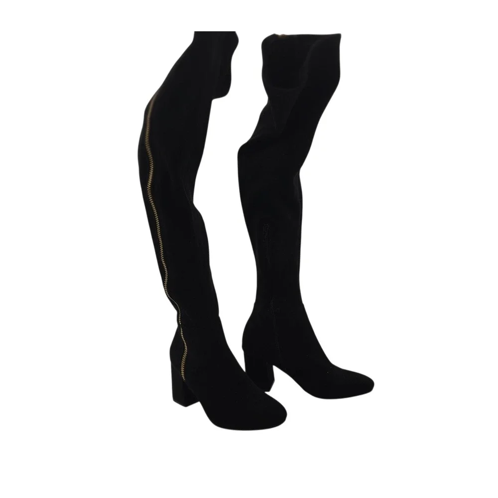 ShoeDazzle Nevaeh Black Over Knee Boots Gold Zip Modern Fall Chic 6 Retro‎ Mod